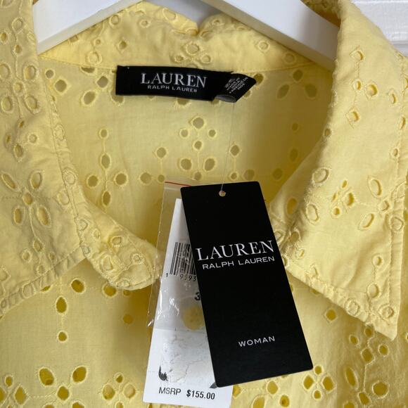 NWT Lauren Ralph Lauren Eyelet Long Sleeve Shirt Button Down Collared Yellow - Picture 6 of 8